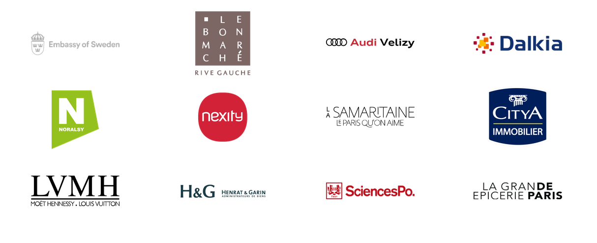 Références et partenaires ASCO : Embassy of Sweden, Le Bon Marche Rive Gauche, Audi Velizy, Dalkia, Noralsy, Nexity, La Samaritaine, Citya Immobilier, LVMH, H&G Henrat & Garin, Sciences Po, La Grande Epicerie Paris